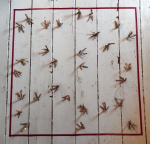 "29 Feet Per Square Meter," 39 x 39 inches, twigs, wire, red tape, 2013.  Image courtesy of Kim Guare.